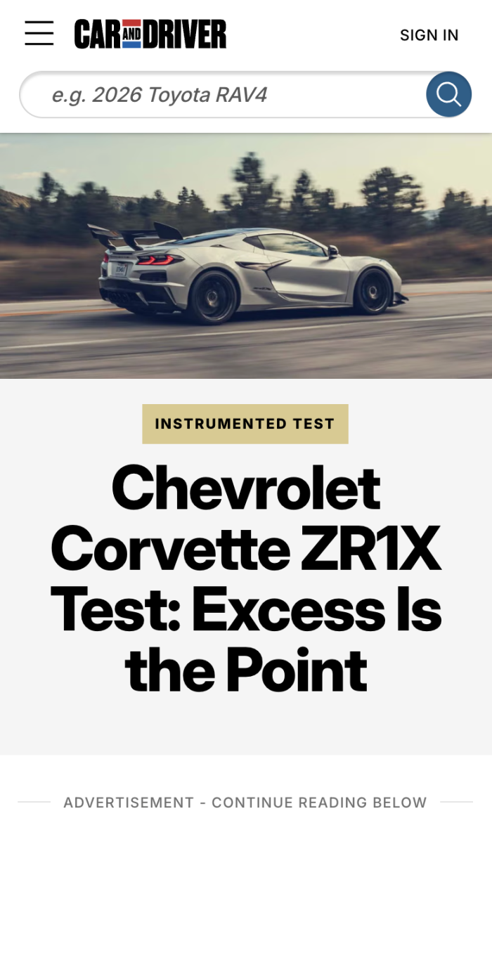 A screenshot of the mobile header of caranddriver.com.